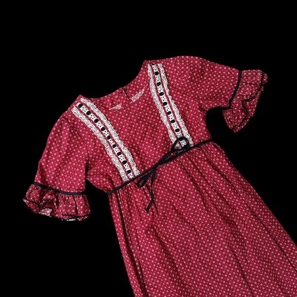 Vintage 1970s Handmade Prairie Dress Red Black White Lace Retro Cotton Belted - Picture 1 of 5